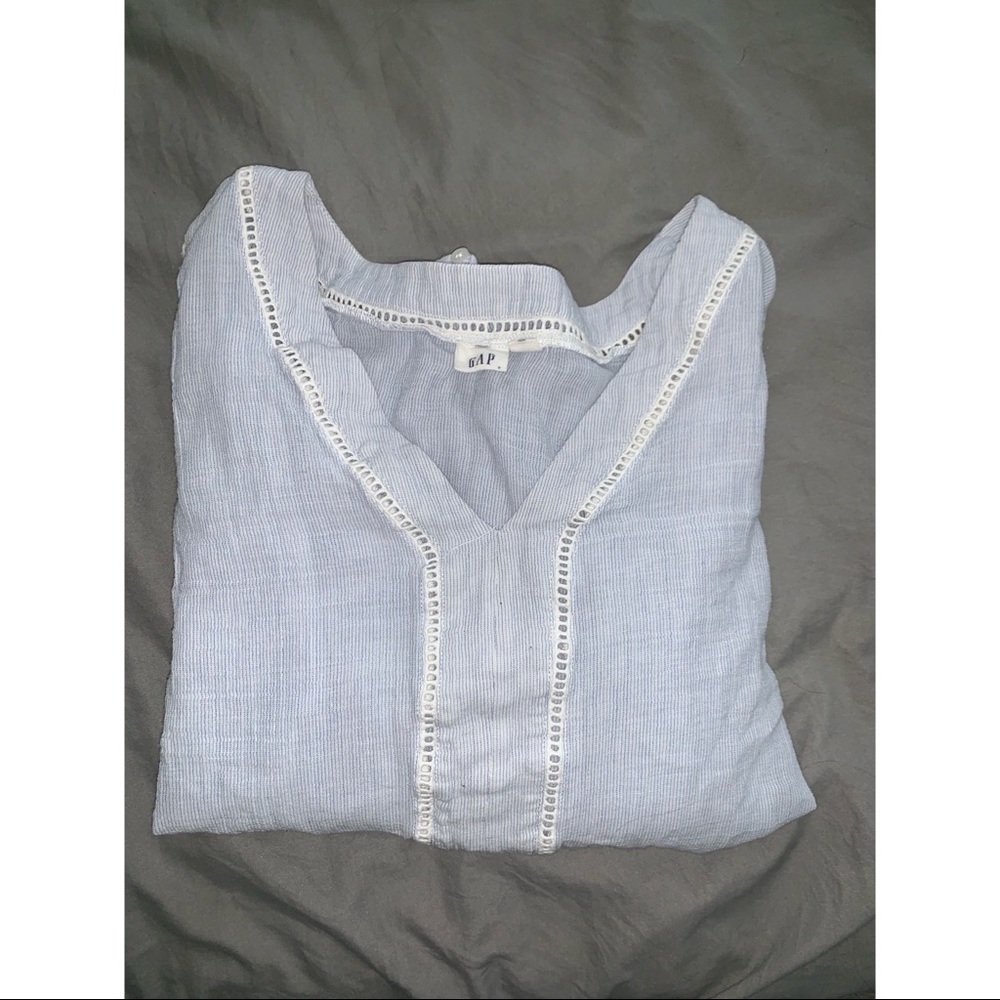 GAP long sleeve blouse Light Blue Striped Open Lace Detailing Ruffles XL Boho - Picture 2 of 16